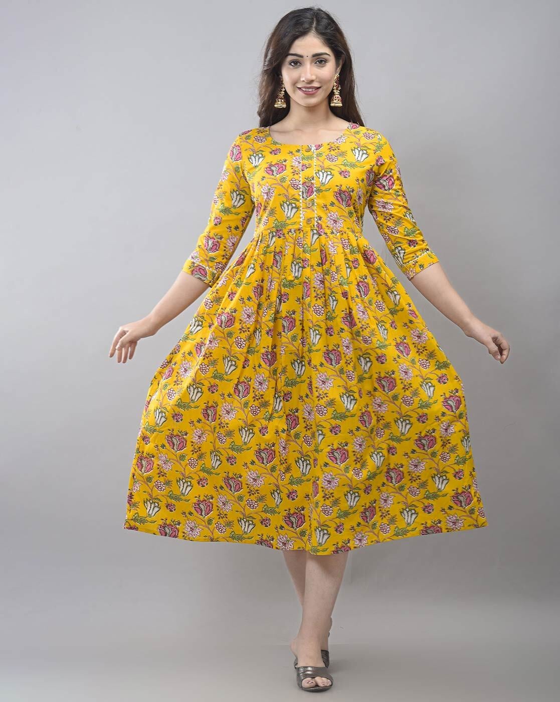 Readiprint Fashions Maxi Dresses  Buy Readiprint Fashions Frock Style  Cotton Fabric Yellow Colour Gown With Dupatta Online  Nykaa Fashion