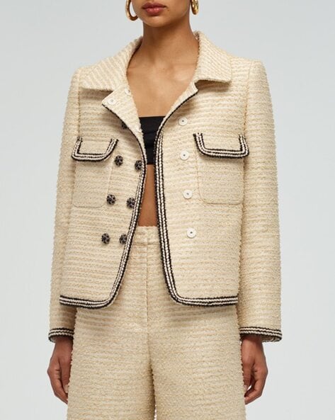 Buy Self Portrait Textured Tailored Fit Boucle Jacket, Cream Color Women