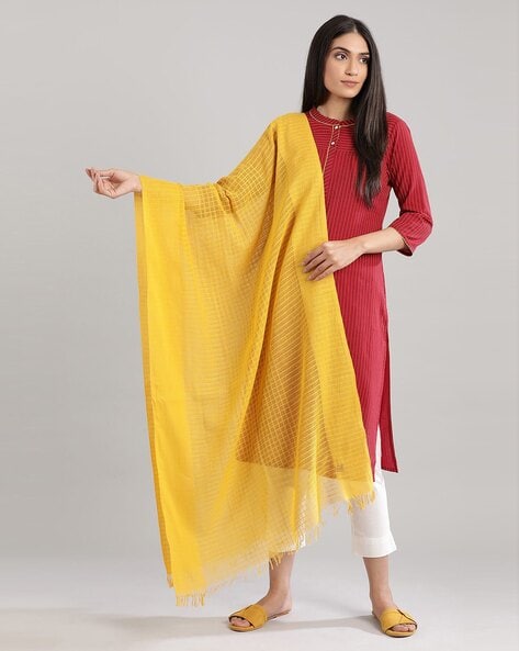 Self-Checked Cotton Dupatta with Tassels Price in India