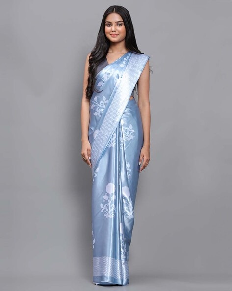 Satin silk Saree with blouse in Navy blue colour 22404