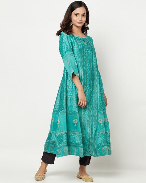 Buy NUIndian Green Bel Printed Square Neck Sleeveless Cotton Long Kurta for  Women Online at Fabindia