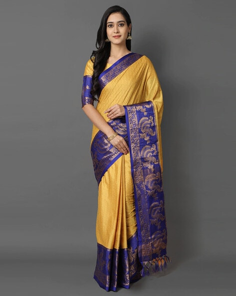 Yellow and Golden Border Saree With Brown Banglori Blouse