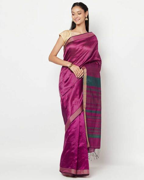 Pale Brown & Zari Striped Pallu Pure Dupion Ghicha Tussar Silk Saree -  Bhagalpur Revisited | Shop Online at Ethnickart India's Best Ethnic Weares  & Wares