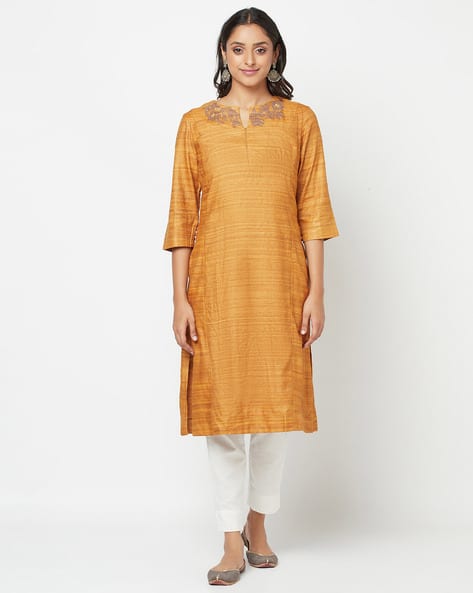 Tussar Silk Applique Long Kurta