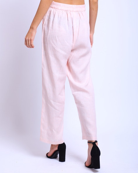 Buy Linen Bloom Solid Relaxed Fit Ankle Length Pants, Silver Color Women