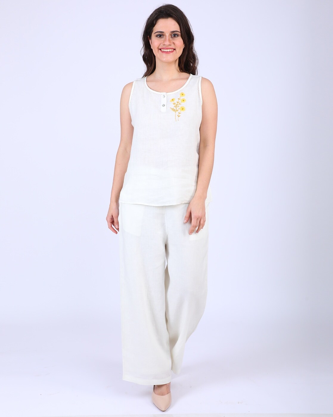 Buy Linen Bloom Solid Relaxed Fit Ankle Length Pants, Silver Color Women