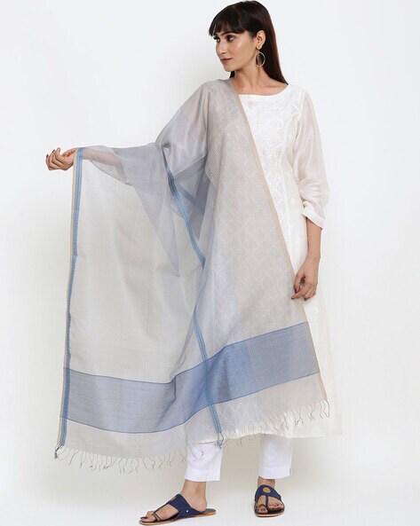 Checked Cotton Dupatta with Tassels Price in India