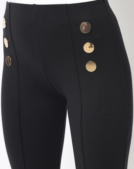 Black Leather-Look Military Button Leggings | New Look