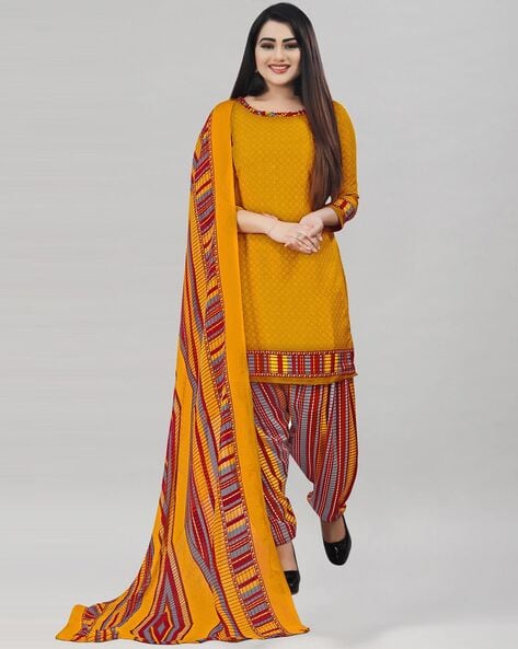 Striped Unstitched Dress Material with Dupatta Price in India