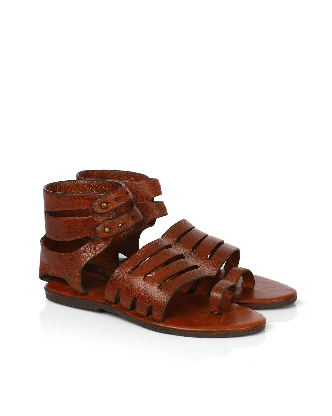 Brown faux leather gladiator sandals, handmade small artisan workshop Gado  Nayru