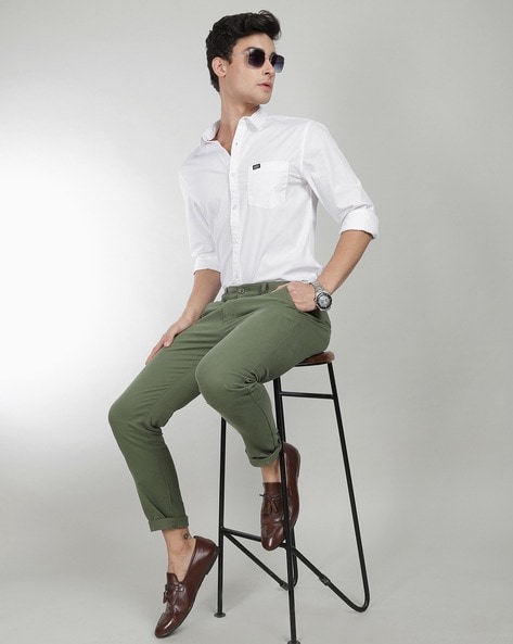 Olive green pants brown loafers white button up shirt  White shirt men  Green pants men Olive green pants