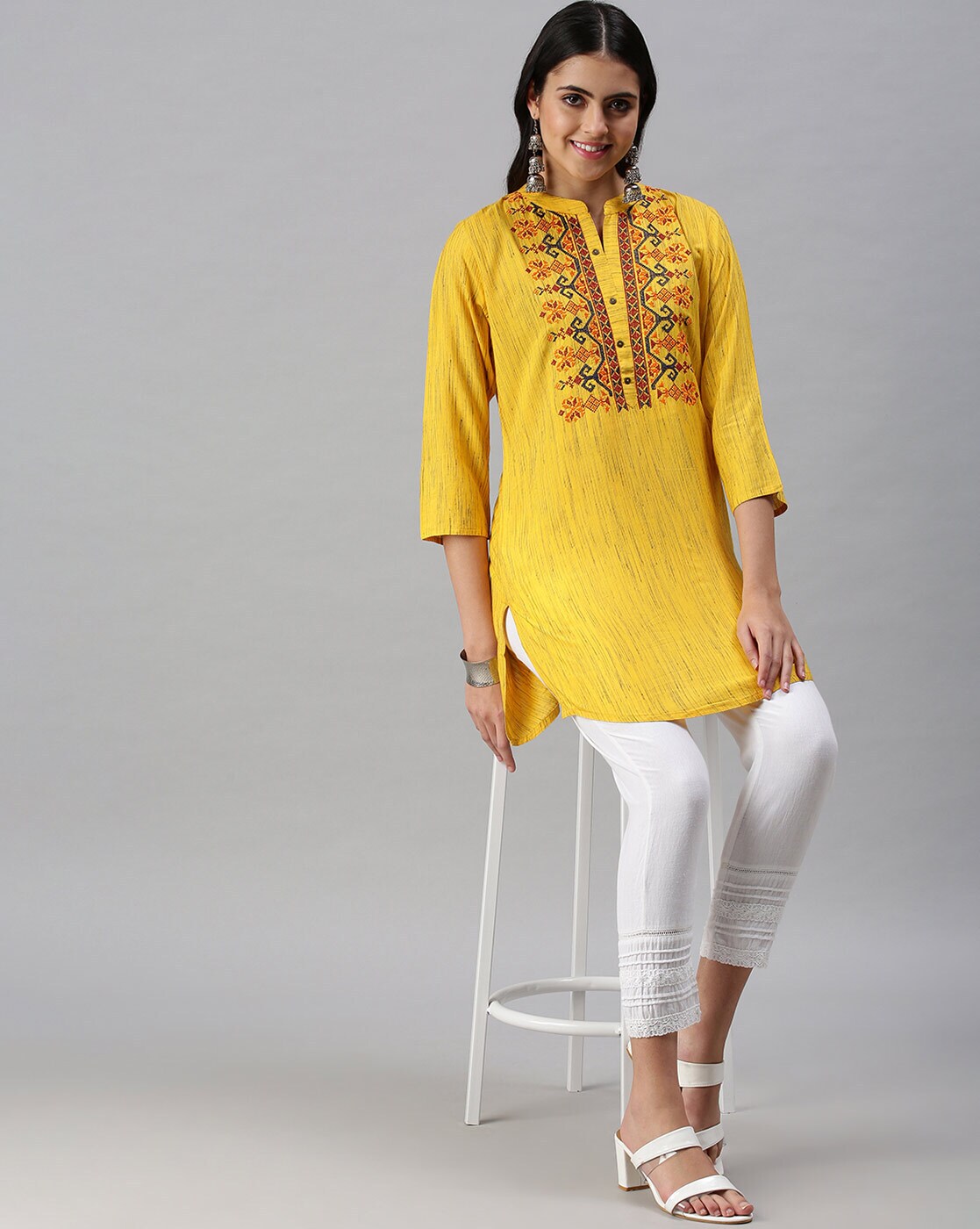 Mandarin Collar Yellow Rayon Embroidered Tunic, Paradise-1023
