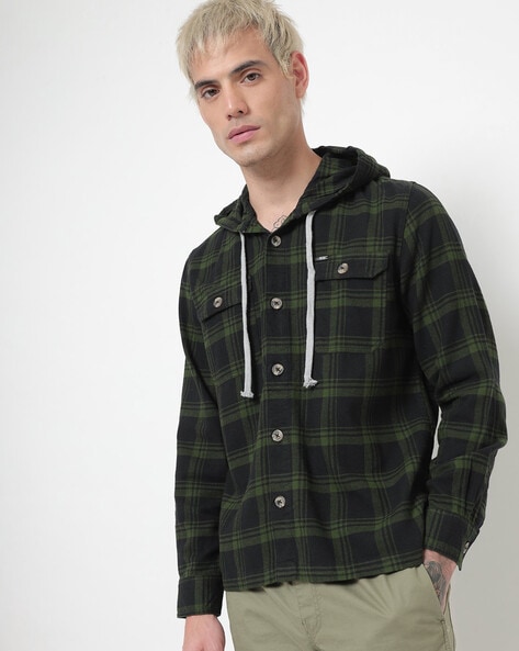 Checked Hooded Shirt with Flap Pockets