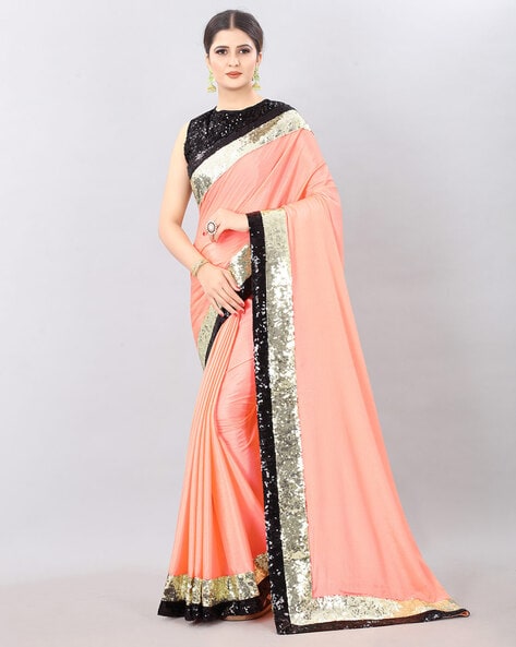 Peach Designer Festive Wear Plain Chiffon Fancy Saree