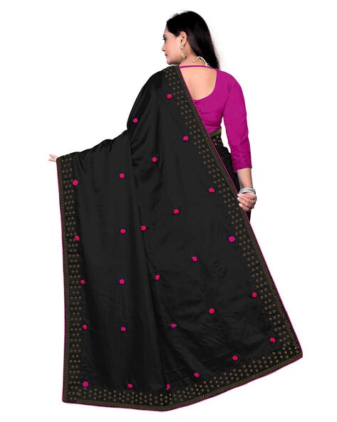 Black stone & multi-color thread embroidery designer catalog saree,  intricate border & pallu with micro stone work