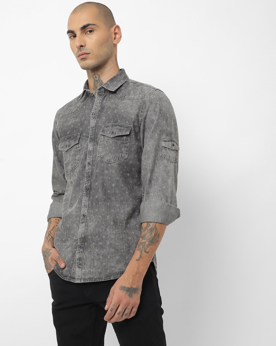 Buy Dark Grey Silky Denim Cargo Shirt S247514 Online. – House of Stori