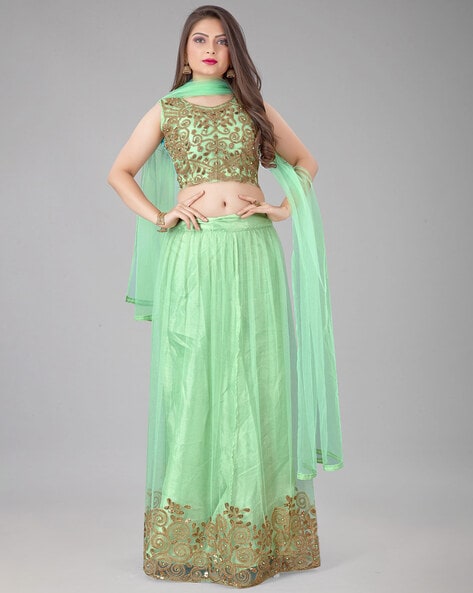 Beige And Green Floral Lehenga - Mogra Designs