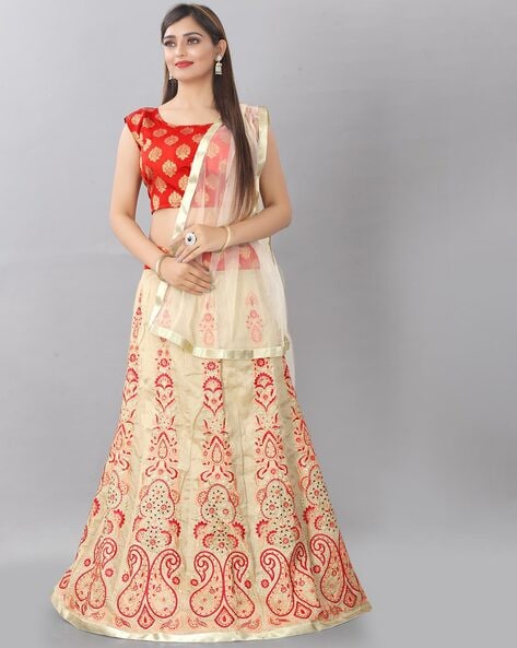 Buy Beige Zariwork Velvet Readymade Lehenga - Koskii