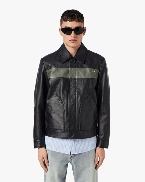 diesel black colourblock leather hooded jacket