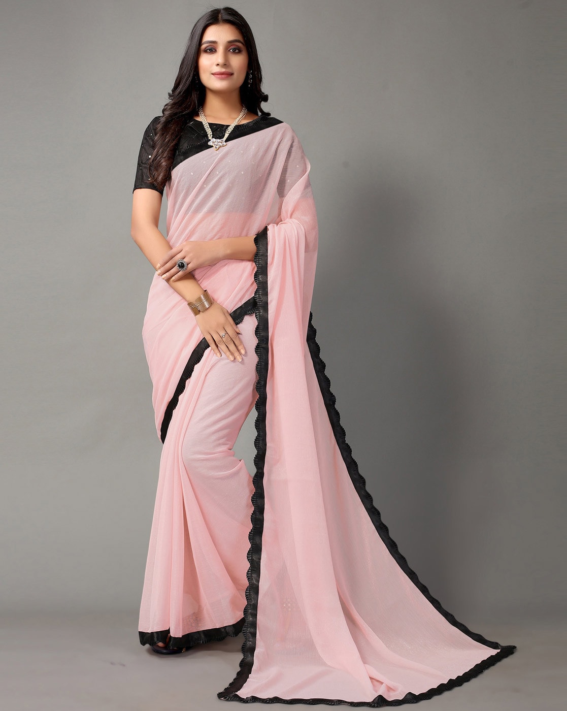 Buy Now Black & Pink Color Net Saree Designed With Floral Embroidery & Lace  Work Designer Net Sarees – Lady India