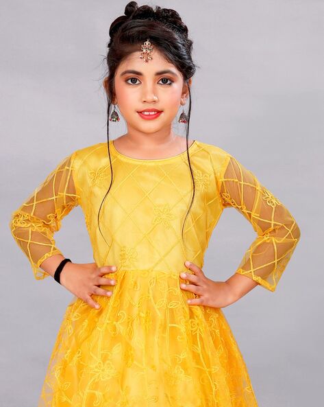 G3 Surat - Pale Yellow Designer Party Wear Net Gown For Girls Product Code:  G3-GGO0655 Shop online: https://bit.ly/32jG5pQ | Facebook