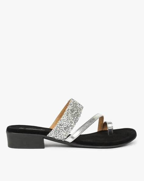 Buy Shoetopia Embellished Shimmer styling Black & Silver Block Heels Online