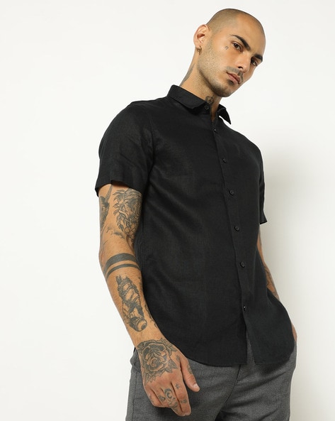 Embroidered Logo Linen Shirt with Band Collar