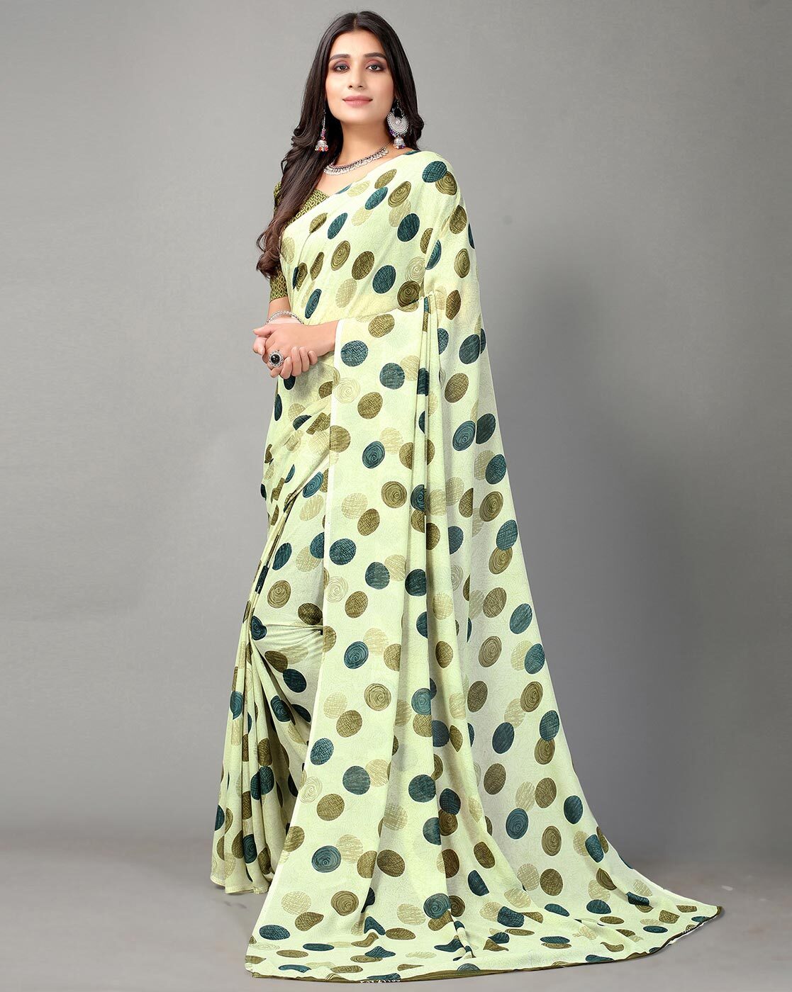 Olive green cotton blend leaf print/ paisley /polka dot copper weaving  border saree with unstitched blouse piece - Sourbh Sarees - 4255279