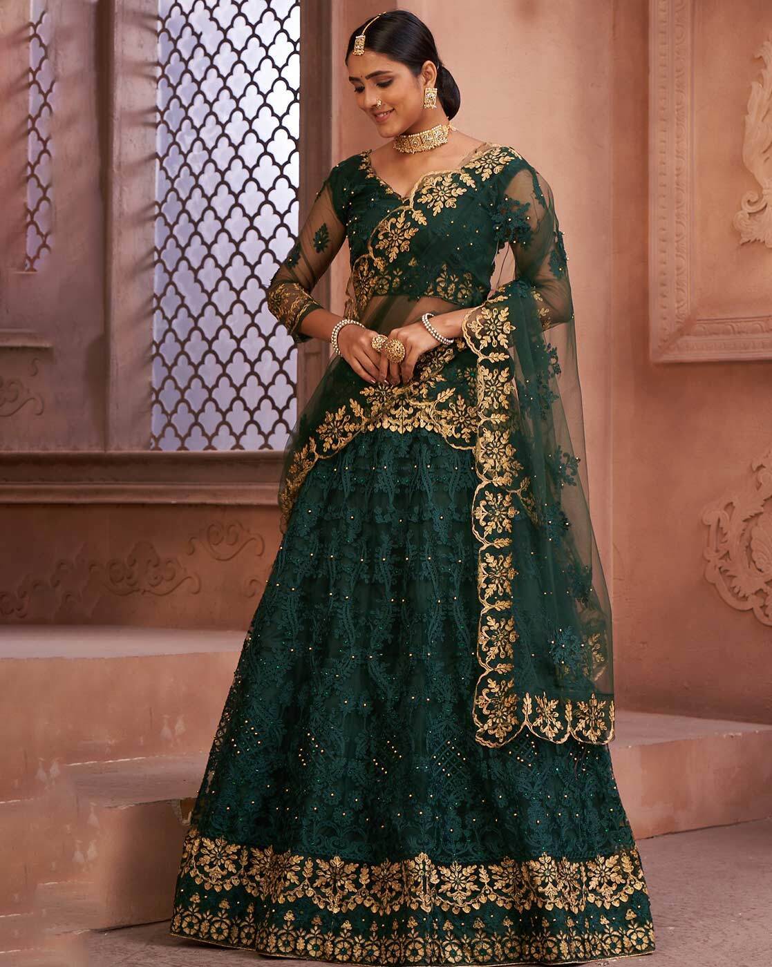 Buy Bottle Green Bridal Lehenga Choli and Dupatta Dress – Nameera by Farooq