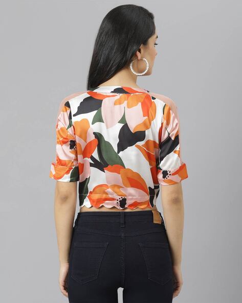 Tropical Print V neck Crop Top