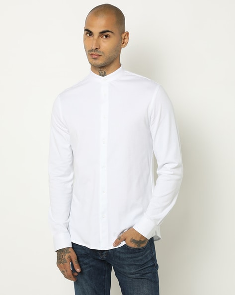 ARMANI EXCHANGE Embroidered Mini Logo Band Collar Full-Sleeves Shirt