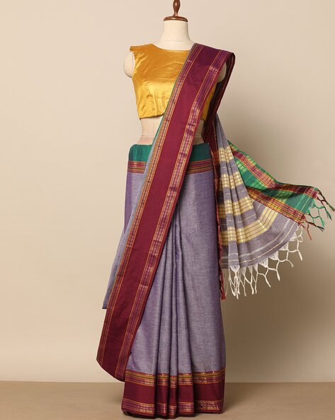 Cream checked chettinad cotton saree, contrast border of traditional  designs & pallu of stripes