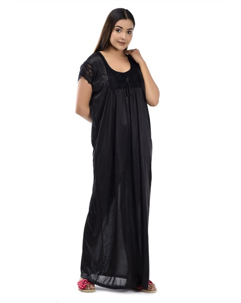 Women's Satin Embroidered Two Piece Nighty with Robe, Night Gown