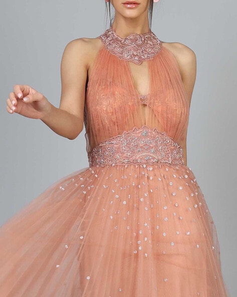 Peach Peach Embroidered Ball Gown by HER CLOSET for rent online | FLYROBE
