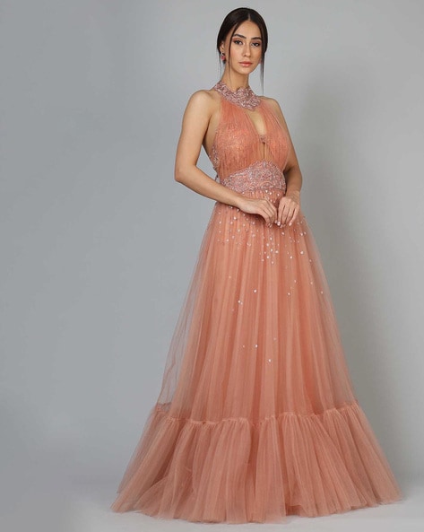 Pretty Peach Floor Length Lace Dress  ranasbykshitija