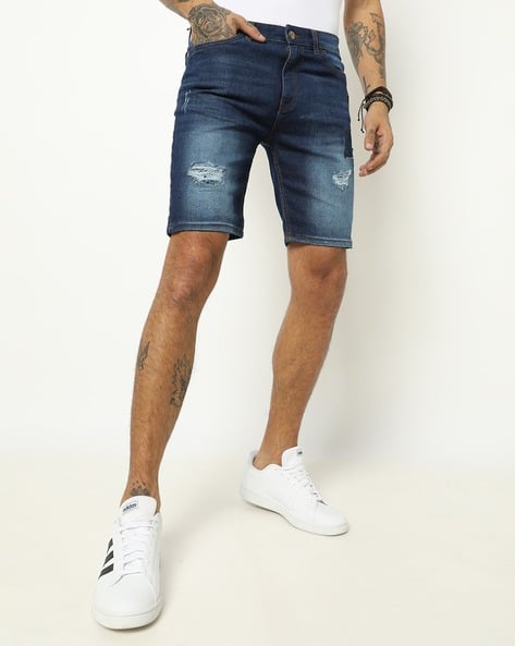 The Indian Garage Co Distressed Mid-Wash Slim Fit Denim Shorts