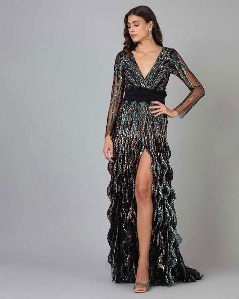 Jovani Prom Gown with plunging neckline in Metallic Gold - Style IND01 –  Indulge Darling