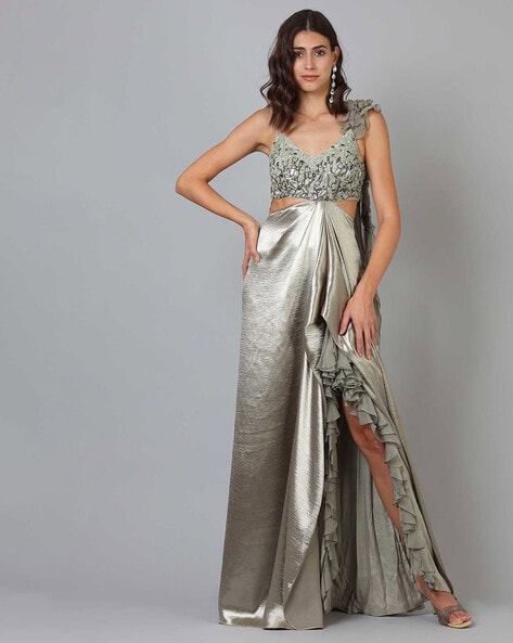 Silver Grey Embroidered Gown Design by ROQA at Pernia's Pop Up Shop 2024
