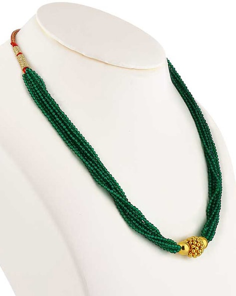Green crystals golden oxidised triple layered long necklace and earrings set