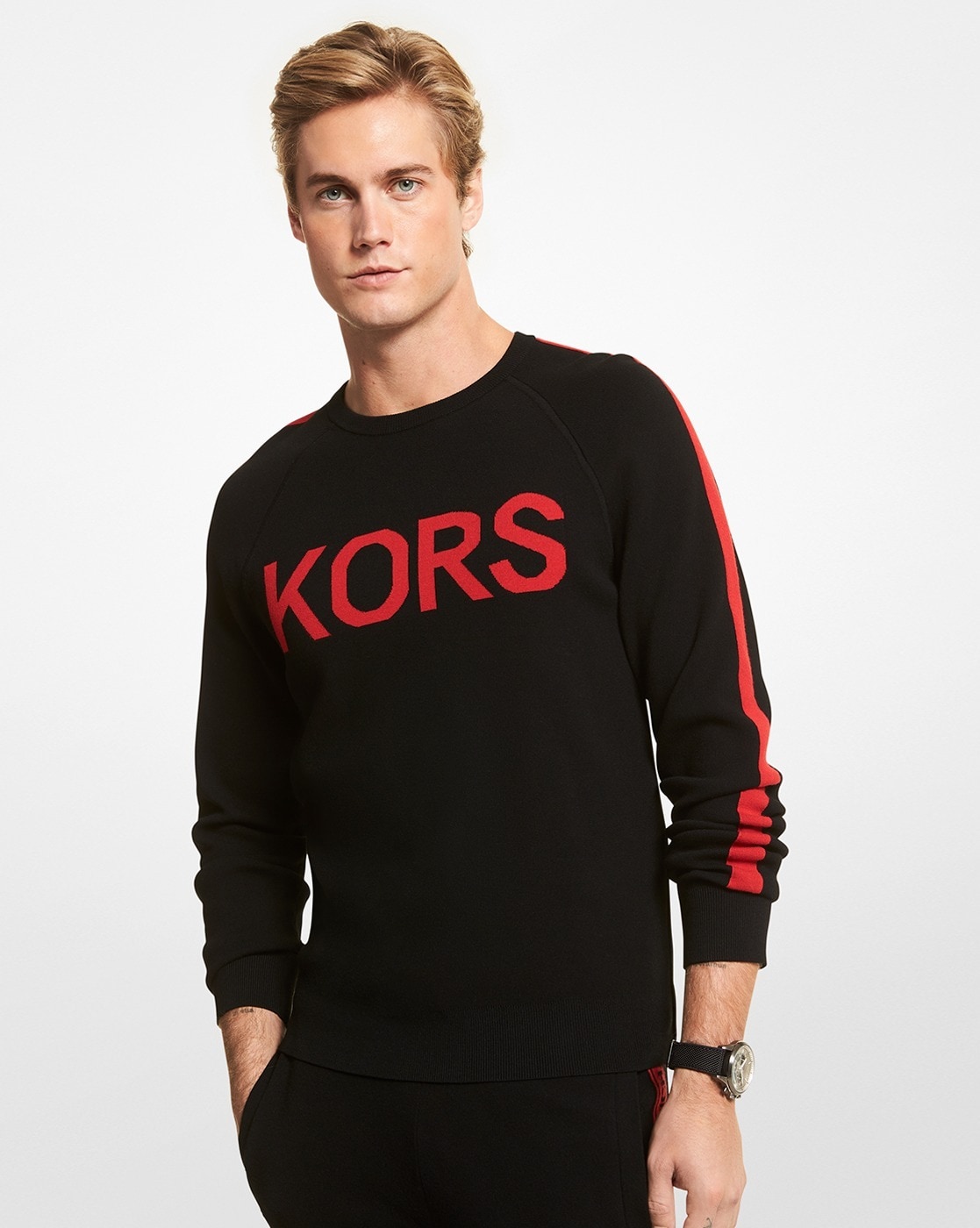 Buy Michael Kors Stretch Viscose Sweater with Typographic Print Black Red Color Men AJIO LUXE