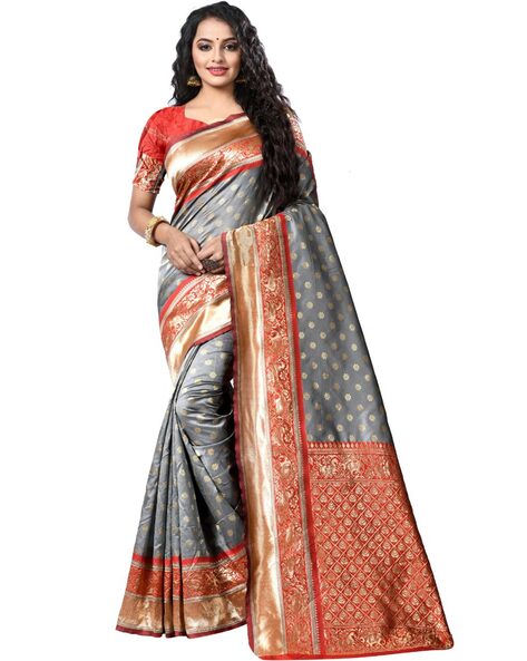 Tanchui Brocade Work Katan Silk Saree in Grey and Purple – Bengal Looms  India