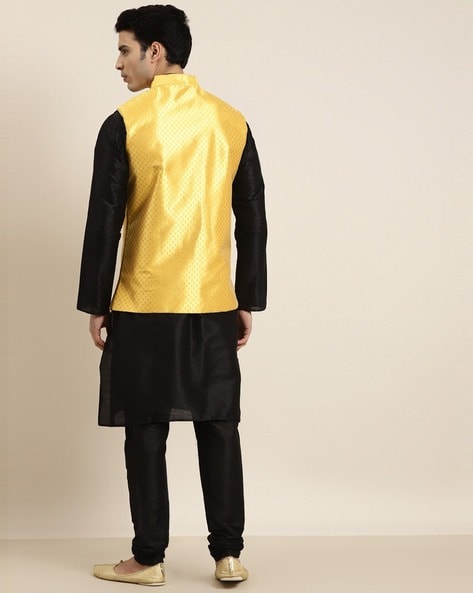 Black Kurta Pajama With Woven Nehru Jacket 1056MW12