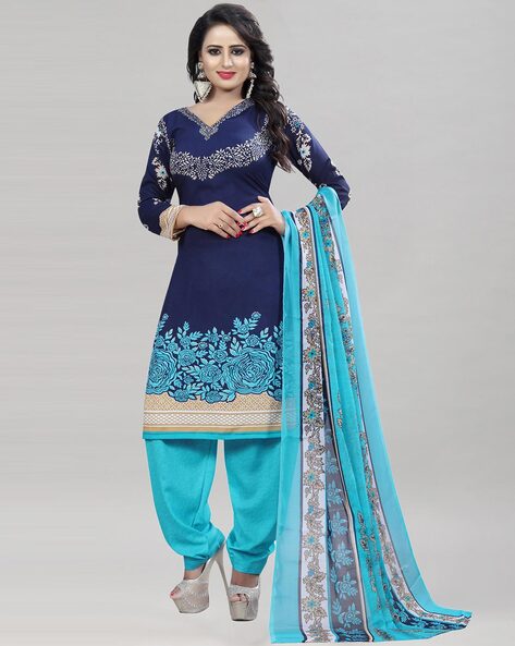 Floral Print Unstitched Dress Material with Dupatta Price in India