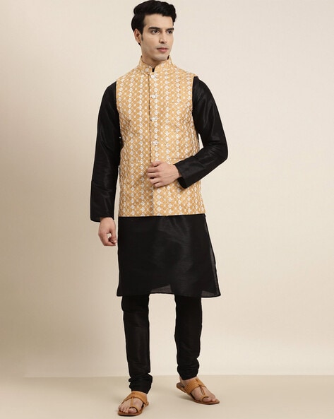 Black Kurta Pant With Floral Printed Nehru Jacket 407MW12