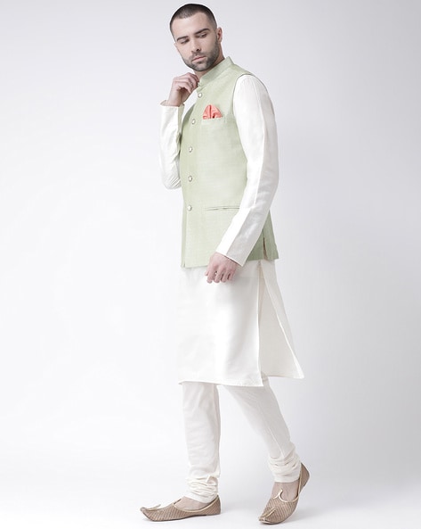 Benstoke Men's Silk Blend White Kurta With Pyjama & Black Nehru Jacket -  BENSTOKE - 3921783