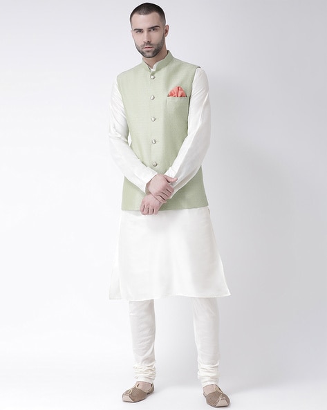 Modishly Styled Puff Pocket Green Velvet Nehru Jacket with White Kurta |  Half jacket, Nehru jackets, Modi jacket