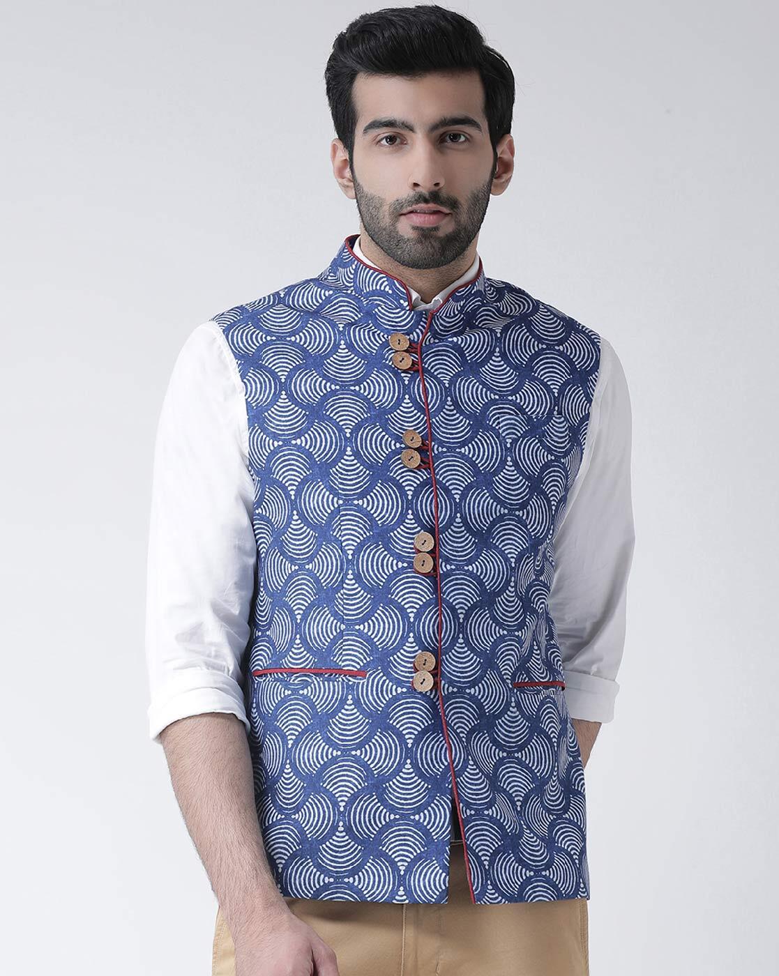 Buy Banarasi Silk Mens Nehru Jacket in Blue (NMK-6455) Online