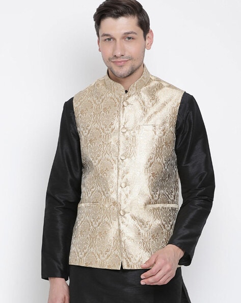 Ethnic Wear | Mens Rawsilk purple kurta with Golden Modi Jacket | Freeup