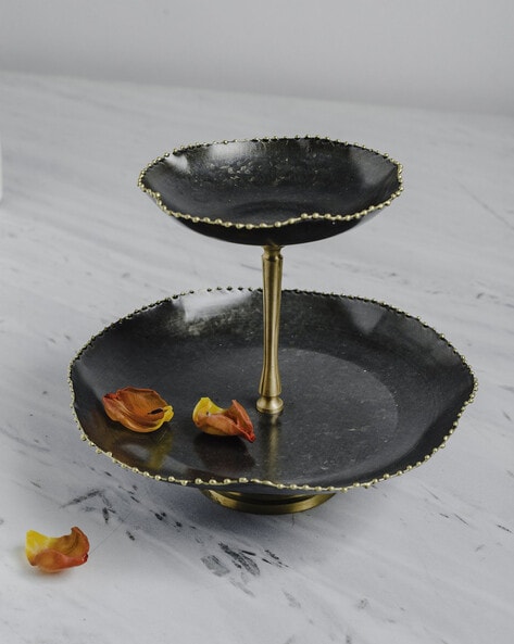 2 Tier Cake Stand in Gold Ceramic Cupcake Stand for Wedding Tiered Stand  Black Marble Pattern Style B-Homary