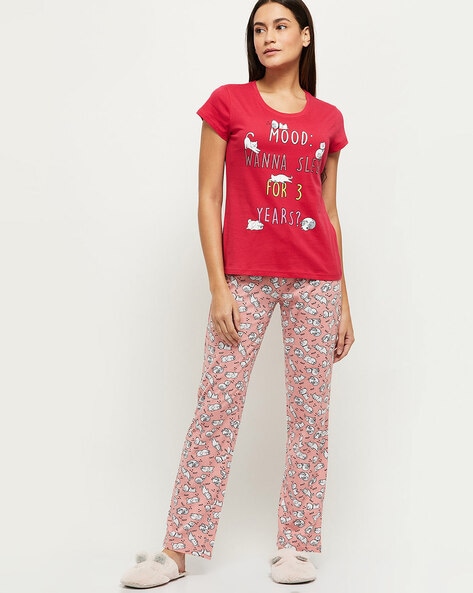 Maa U Fab Women Printed Pink Shirt & Pyjama set Price in India